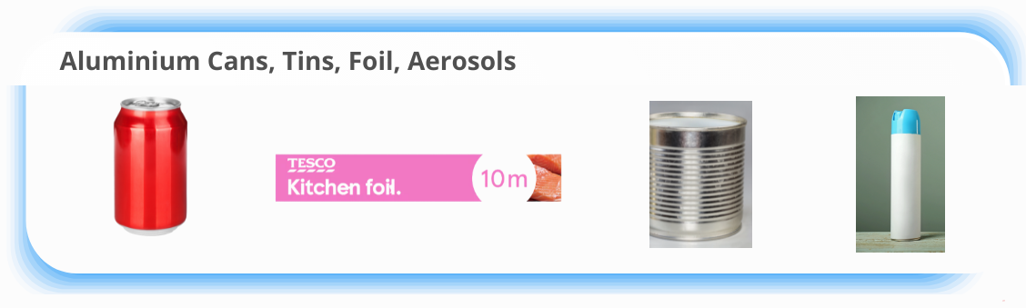 Aluminium cans, foil, tins, aerosols, caps, and lids.