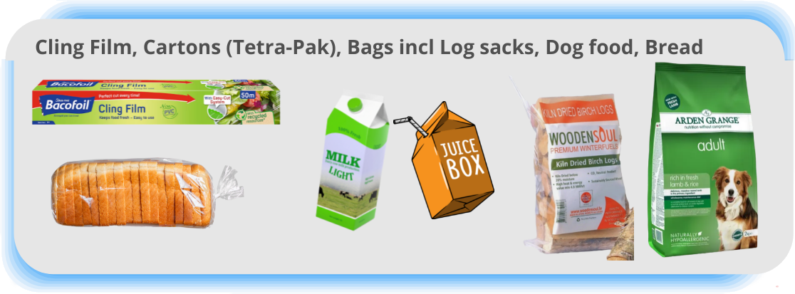 Clean cling film, milk and juice cartons, Tetra-Paks, log sacks, dog food sacks and bags.