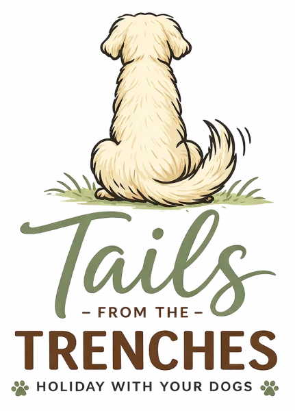 Tails from the Trenches logo showing the back of a sitting dog with wagging tail
