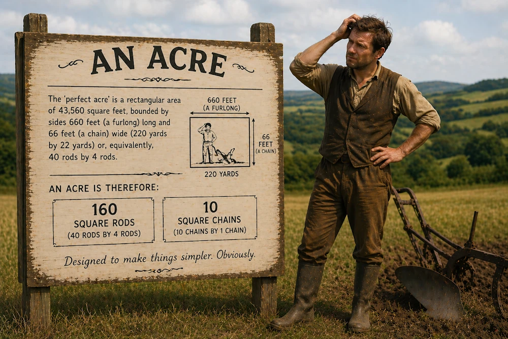 A humorous countryside sign attempting to explain how big an acre is, with a puzzled farmer beside it.