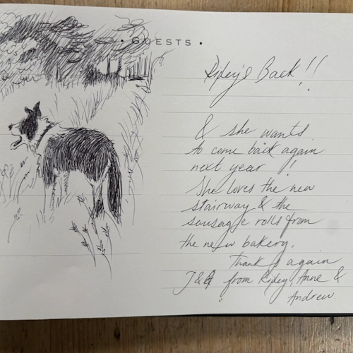 Handwritten guest book entry from The Barn featuring a pen-and-ink sketch of a Border Collie in a field. The message reads: 'Ripley's back!! & she wants to come back again next year!!