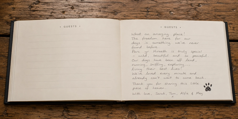 A handwritten guest book entry from Holiday With Your Dogs detailing a dog-friendly stay with mention of "freedom for our dogs" and "living their best lives."