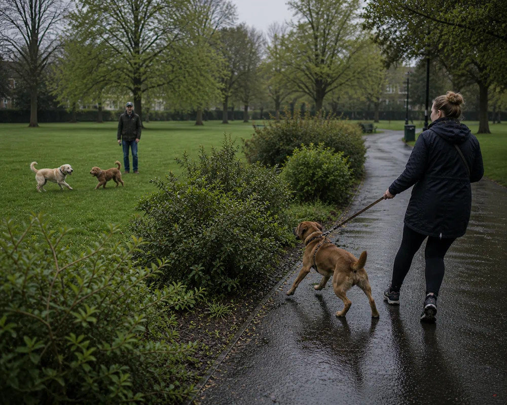 Woman walking reactive dog on lead in wet park while off-lead dogs approach in the distance.
