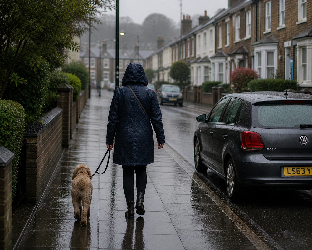 Woman in rain jacket walking small dog on lead in early hours, along empty wet residential street in the UK.