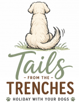 Tails from the Trenches Blog logo. Rear view of dog with wagging tail.